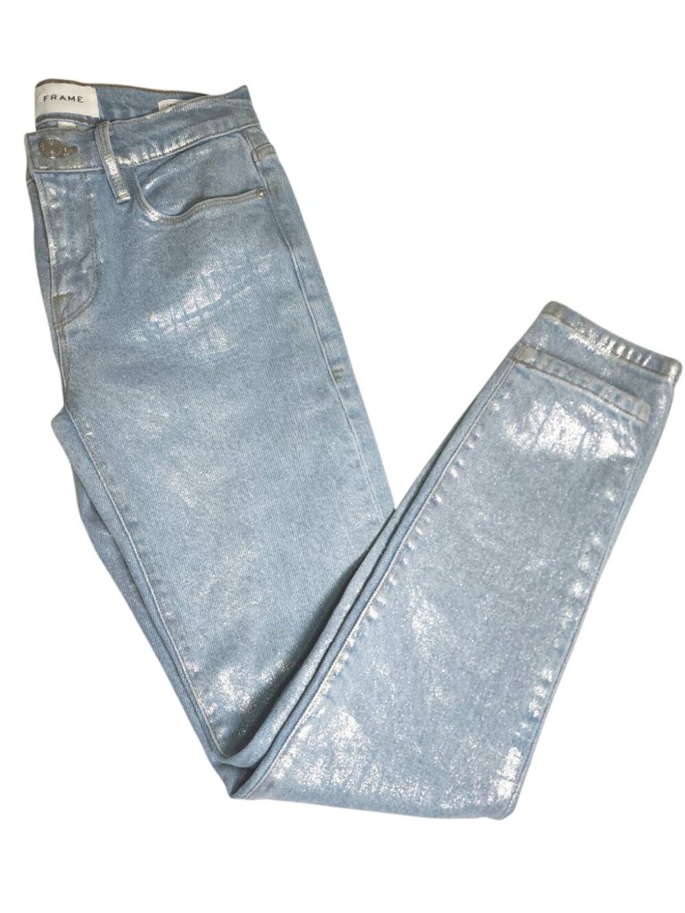 FRAME Le Skinny de Jeanne Metallic Chrome Coated Jeans Silver Skinny Size 24 - Picture 15 of 15